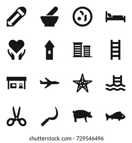 16 vector icon set : pencil, tower, district, stairs, gas station, plane, starfish, pool, scissors, sickle, pig, fish