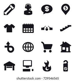 16 vector icon set : pencil, call center, money message, dollar pin, t-shirt, drawbridge, stairs, globe, cart, home, garage, do not distrub