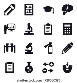 16 vector icon set : pencil, abacus, graduate hat, brain, presentation, microscope, clipboard, calculator