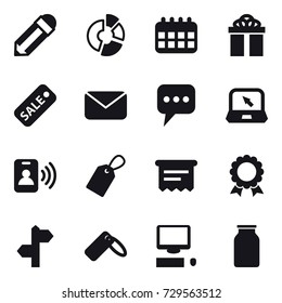 16 vector icon set : pencil, circle diagram, calendar, gift, sale, mail, message, notebook, pass card, label, atm receipt, medal