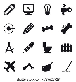 16 vector icon set : pencil, monitor arrow, bulb, satellite, cell corection, bone, draw compass, toilet, fence, rake