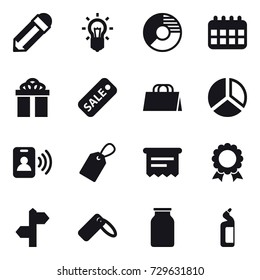 16 vector icon set : pencil, bulb, circle diagram, calendar, gift, sale, shopping bag, diagram, pass card, label, atm receipt, medal, toilet cleanser