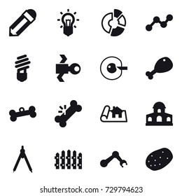 16 vector icon set : pencil, bulb, circle diagram, graph, satellite, cell corection, chicken leg, bone, project, mansion, drawing compass, fence