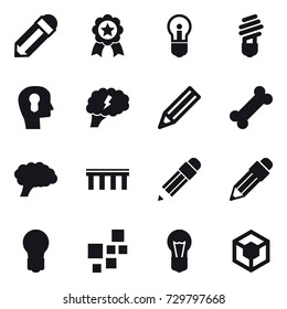 16 vector icon set : pencil, medal, bulb, bulb head, brain, bridge