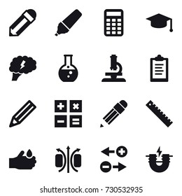 16 vector icon set : pencil, marker, calculator, graduate hat, brain, round flask, microscope, clipboard, ruler