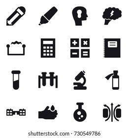 16 vector icon set : pencil, marker, bulb head, brain, electrostatic, calculator, copybook, school