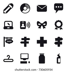 16 vector icon set : pencil, circle diagram, mail, message, notebook, pass card, bow, medal, shop signboard, singlepost, signpost, hanger, toilet cleanser