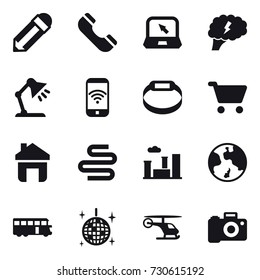 16 vector icon set : pencil, phone, notebook, brain, table lamp, phone wireless, smart bracelet, cart, home, city, earth, bus, disco ball