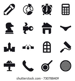 16 vector icon set : pencil, circle diagram, alarm clock, calculator, chess horse, satellite, home, underpants, castle, drawbridge, arch window, repair, restaurant, pan