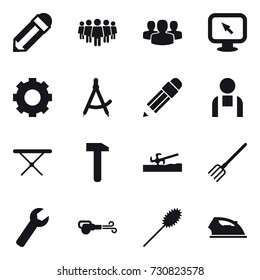 16 vector icon set : pencil, team, group, monitor arrow, gear, draw compass, iron board, soil cutter, fork, wrench, blower, duster, iron