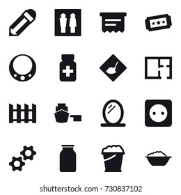 16 vector icon set : pencil, wc, atm receipt, ticket, necklace, under construction, plan, fence, mirror, power socket, foam bucket, foam basin