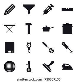 16 vector icon set : pencil, funnel, level, iron board, saute pan, pan, kitchen scales, handle scales, whisk, thermometer, scraper, iron