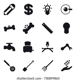 16 vector icon set : pencil, dollar, bulb, cell corection, bone, ruler, water tap, toaster, skimmer, shovel, fork, harvest