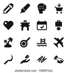 16 vector icon set : pencil, marker, virtual mask, add to cart, heart, arch, baggage get, island, pan, pool, sickle, hand leaf, clothespin, wiping