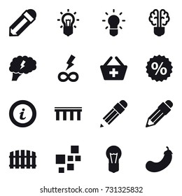 16 vector icon set : pencil, bulb, bulb brain, brain, infinity power, add to basket, percent, info, bridge, fence, eggplant