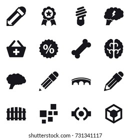 16 vector icon set : pencil, medal, bulb, brain, add to basket, percent, bridge, fence