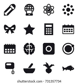 16 vector icon set : pencil, notebook globe, atom, round around, bow, star, calculator, calendar, ring button, mortar, beet, fish