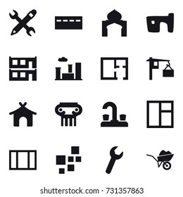 16 vector icon set : pencil wrench, bunker, minaret, slum, modular house, city, plan, bungalow, antique column, water tap, window, wheelbarrow