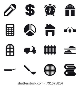 16 vector icon set : pencil, dollar, alarm clock, gift, calculator, diagram, home, drawbridge, arch window, radiator, slippers, pan, ladle, stack of towels