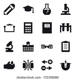 16 vector icon set : pencil, graduate hat, round flask, microscope, electrostatic, calculator, copybook, university, school
