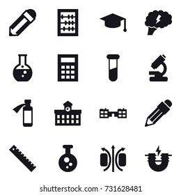 16 vector icon set : pencil, abacus, graduate hat, brain, round flask, calculator, university, school, ruler