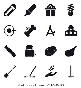 16 vector icon set : pencil, marker, gift, bulb, cell corection, draw compass, mansion, ruler, toaster, shovel, rake, harvest