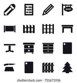 16 vector icon set : pencil, abacus, shop signboard, fence, table, nightstand, chest of drawers, cutting board, spruce