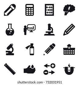 16 vector icon set : pencil, calculator, abacus, brain, round flask, presentation, microscope, university, ruler