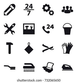 16 vector icon set : pencil, 24/7, gear, group, pencil wrench, tools, bucket, rag, pruner, gloves, brush, floor washing, iron