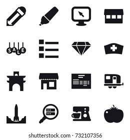 16 vector icon set : pencil, marker, monitor arrow, market, sale, list, diamond, arch, shop, trailer