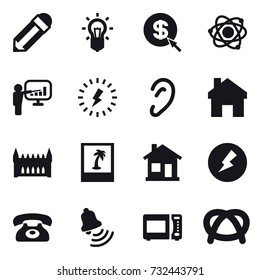 16 vector icon set : pencil, bulb, dollar arrow, atom, presentation, lightning, home, gothic architecture, photo, electricity, phone, bell