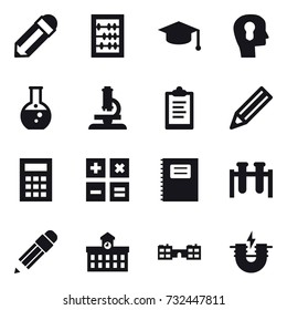 16 vector icon set : pencil, abacus, graduate hat, bulb head, round flask, microscope, clipboard, calculator, copybook, university, school