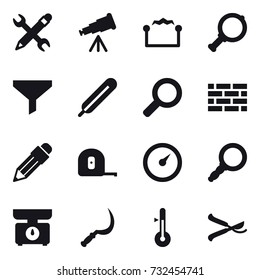16 vector icon set : pencil wrench, telescope, electrostatic, magnifier, funnel, brick wall, pencil, measuring tape, barometer, kitchen scales, sickle, thermometer, pruner
