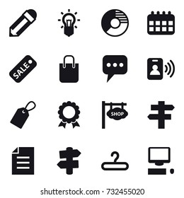 16 vector icon set : pencil, bulb, circle diagram, calendar, sale, shopping bag, message, pass card, label, medal, shop signboard, singlepost, signpost, hanger