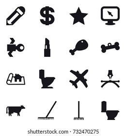 16 vector icon set : pencil, dollar, star, monitor arrow, satellite, lipstick, chicken leg, bone, project, toilet, cow, rake