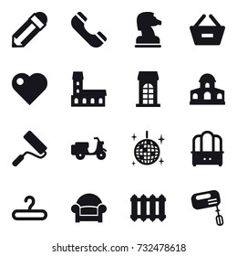 16 vector icon set : pencil, phone, chess horse, remove from basket, heart, mansion, building, repair, disco ball, dresser, hanger, armchair, radiator, mixer