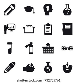 16 vector icon set : pencil, graduate hat, bulb head, round flask, presentation, electrostatic, clipboard, copybook, university, school