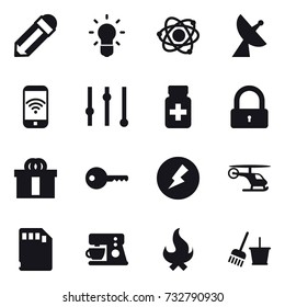 16 vector icon set : pencil, bulb, atom, satellite antenna, phone wireless, equalizer, lock, key, electricity, fire, bucket and broom