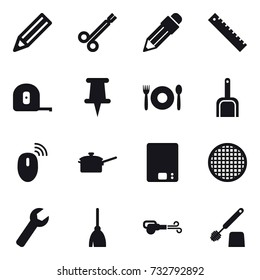 16 vector icon set : pencil, ruler, measuring tape, cafe, scoop, saute pan, kitchen scales, wrench, broom, blower, toilet brush