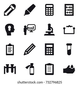 16 vector icon set : pencil, marker, calculator, abacus, bulb head, presentation, microscope, electrostatic, clipboard