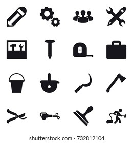 16 vector icon set : pencil, gear, group, pencil wrench, tools, nail, measuring tape, suitcase iocn, bucket, sickle, axe, pruner, blower, scraper, vacuum cleaner