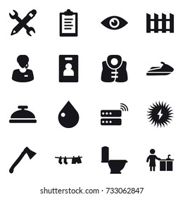 16 Vector Icon Set : Pencil Wrench, Clipboard, Fence, Identity Card, Life Vest, Jet Ski, Service Bell, Drop, Axe, Drying Clothe, Toilet, Kitchen Cleaning