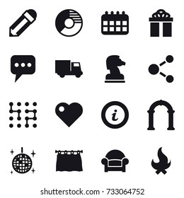 16 vector icon set : pencil, circle diagram, calendar, gift, message, truck, chess horse, molecule, chip, heart, info, arch, disco ball, curtain, armchair, fire