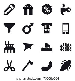 16 vector icon set : pencil, gift, percent, satellite, funnel, column, skyscraper, factory, deltaplane, shark flipper, fence, scissors, axe, eggplant, bug