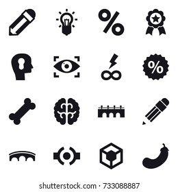 16 vector icon set : pencil, bulb, percent, medal, bulb head, eye identity, infinity power, bridge, eggplant