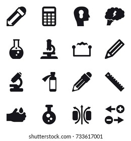 16 vector icon set : pencil, calculator, bulb head, brain, round flask, microscope, electrostatic, ruler