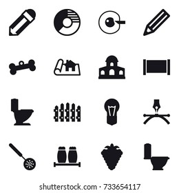 16 vector icon set : pencil, circle diagram, cell corection, bone, project, mansion, fence, toilet, skimmer, berry
