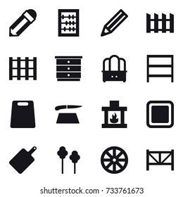16 vector icon set : pencil, abacus, fence, chest of drawers, dresser, rack, cutting board, fireplace, trees, wheel, farm fence