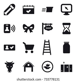 16 vector icon set : pencil, calendar, delivery, monitor arrow, pass card, bow, shop signboard, check in, cart, stairs, cow, barn, ecology, clean  window