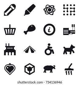 16 vector icon set : pencil, marker, atom, chip, basket, chicken leg, info, mall, factory, tent, invalid, dog, heart pendant, sheep, vacuum cleaner